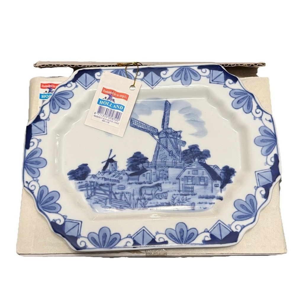 Delft Blue Holland Windmill Tray Hand Painted Porcelain 8x6 Decorative Plate